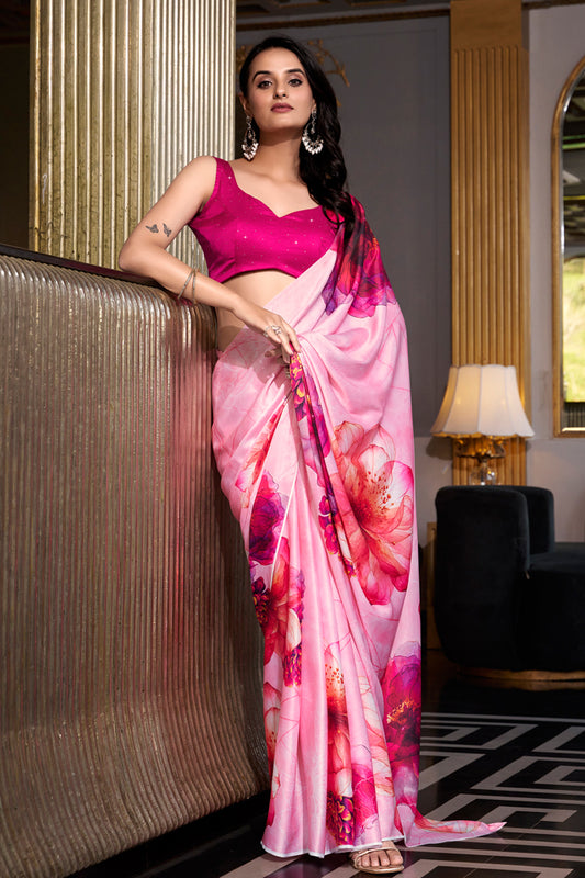 Floral Fantasy Satin Silk Saree – Luxe & Lightweight