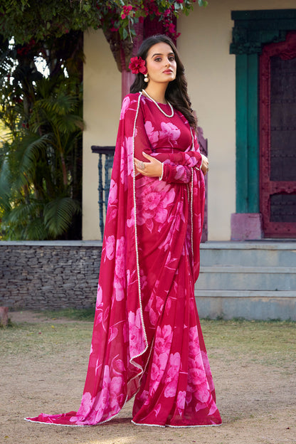 Bold Rani Pink Floral Georgette Saree