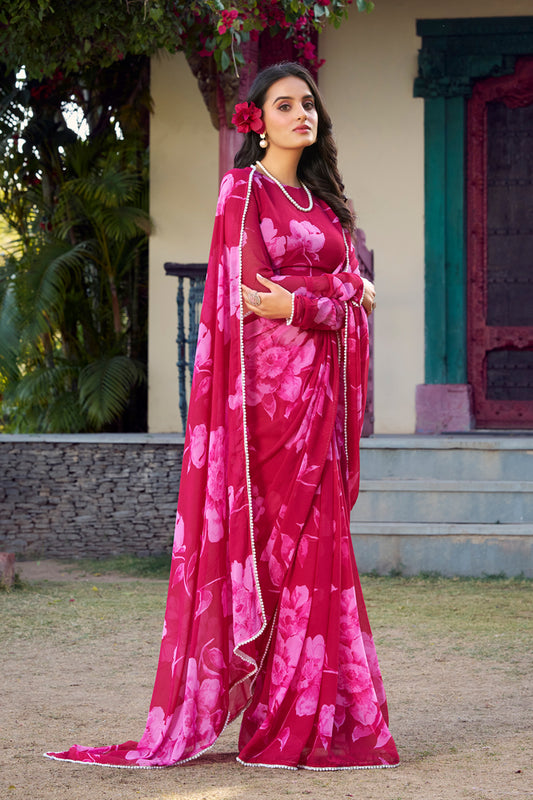 Bold Rani Pink Floral Georgette Saree