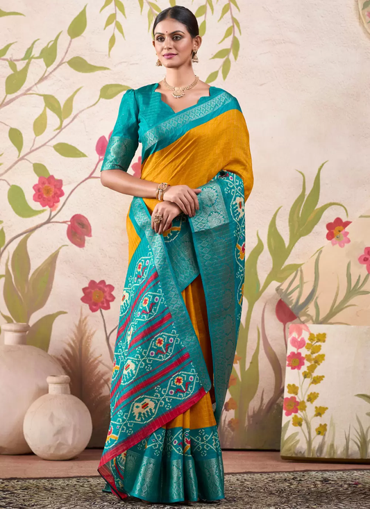 Teal Blue & Mustard Patola Print Tussar Silk Saree