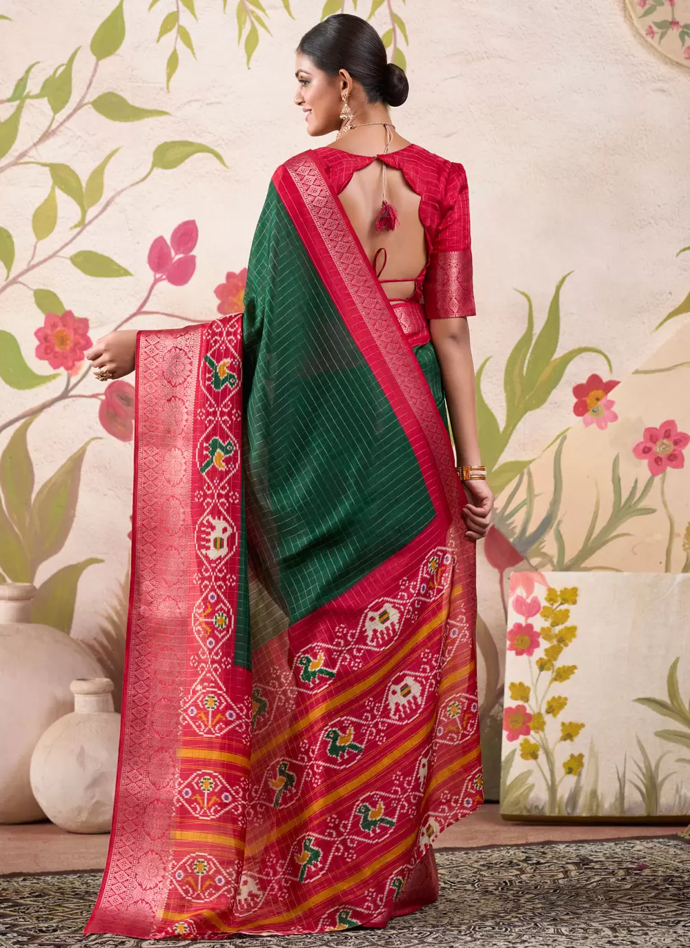 Bottle Green & Red Patola Print Tussar Silk Saree