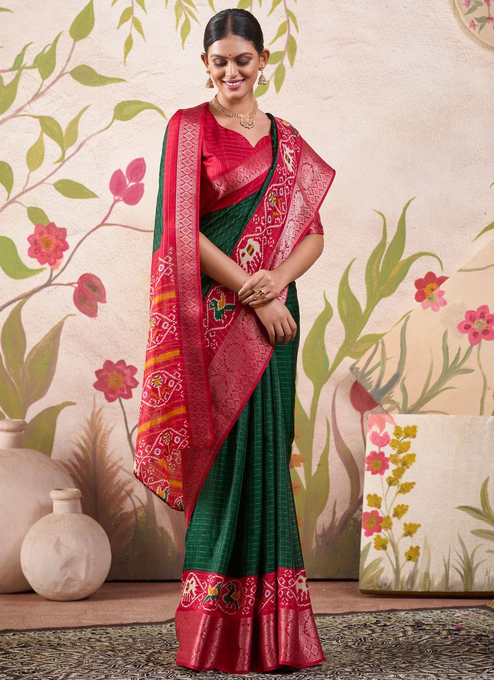 Bottle Green & Red Patola Print Tussar Silk Saree