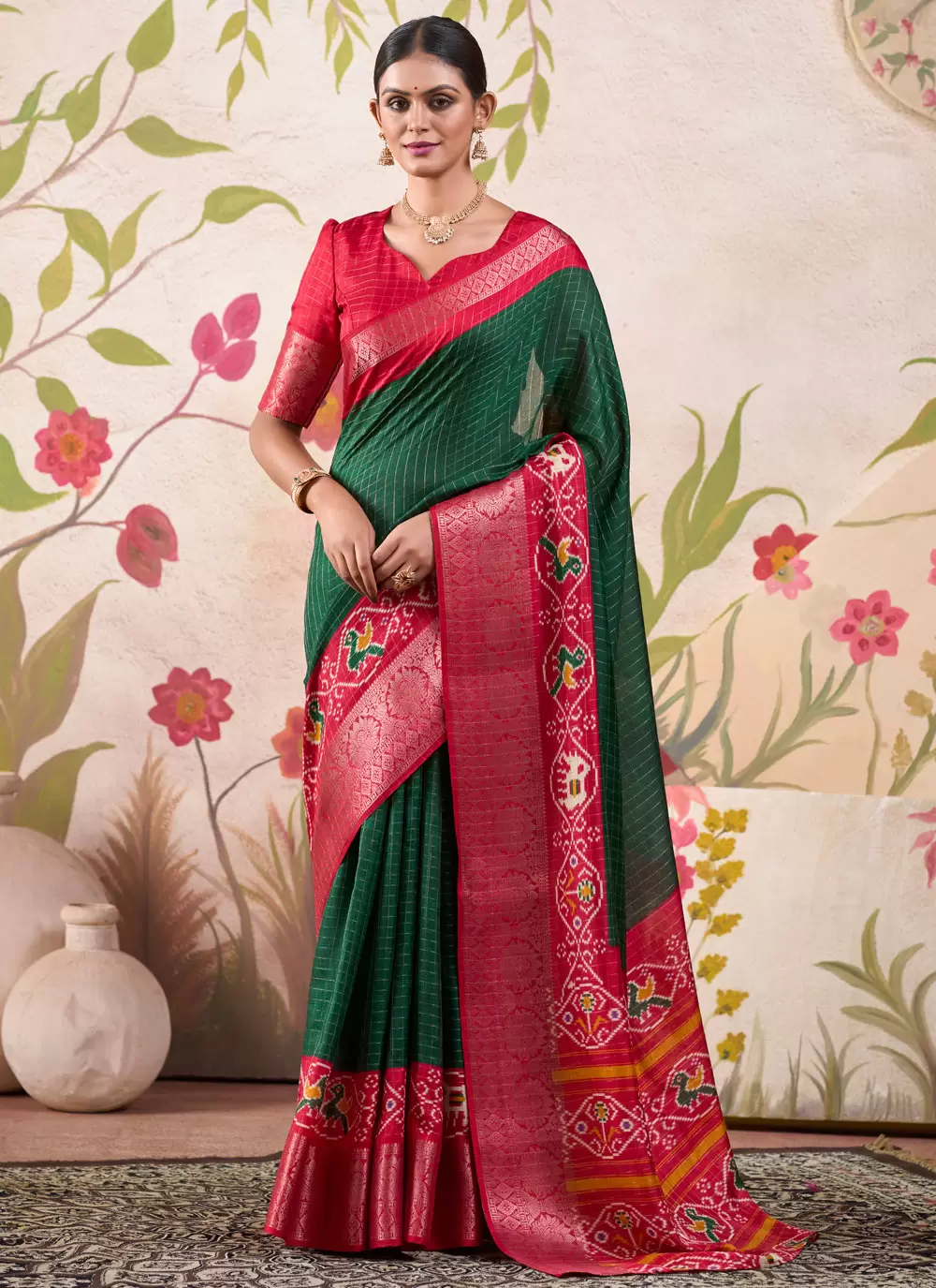 Bottle Green & Red Patola Print Tussar Silk Saree
