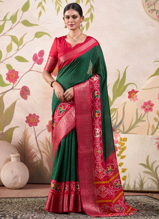 Bottle Green & Red Patola Print Tussar Silk Saree
