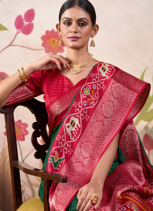 Bottle Green & Red Patola Print Tussar Silk Saree